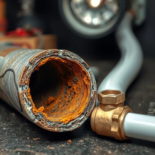 A cut piece of old galvanized pipe, rusted shut inside, next to new PEX pipe